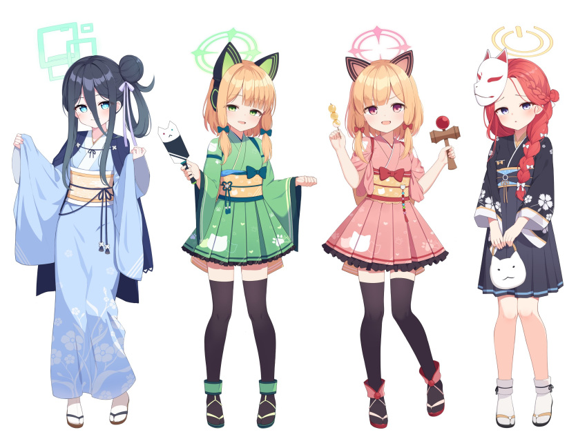 4girls animal_ear_headphones animal_ears arisu_(blue_archive) bangs banned_artist black_hair blonde_hair blue_archive blue_eyes bow braid bright_pupils cat_tail closed_mouth cp00 fake_animal_ears forehead full_body green_eyes hair_between_eyes hair_bow hair_bun halo headphones highres japanese_clothes long_hair long_sleeves looking_at_viewer midori_(blue_archive) momoi_(blue_archive) multiple_girls open_mouth parted_bangs parted_lips pink_eyes redhead ringed_eyes short_hair siblings simple_background single_hair_bun single_side_bun sisters tail thigh-highs twins white_background white_pupils wide_sleeves yuzu_(blue_archive)