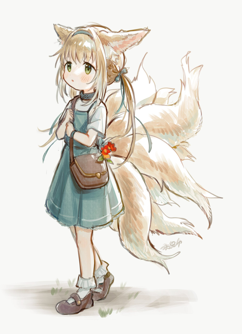 1girl :o absurdres alternate_costume alternate_hairstyle animal_ears arknights bag black_collar blue_bow blue_hairband blush bow brown_bag brown_footwear collar dress fox_ears fox_girl fox_tail full_body green_dress green_eyes hair_bow hairband highres infection_monitor_(arknights) kitsune kyuubi long_hair looking_afar multiple_tails parted_lips satchel shirt shoes short_sleeves simple_background socks solo standing suzuran_(arknights) syukonbu tail twintails white_background white_shirt white_socks