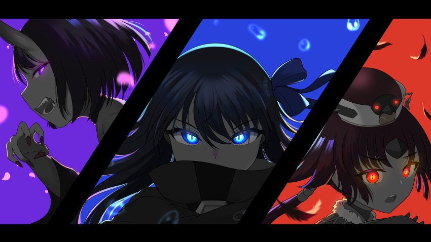 3girls absurdres benienma_(fate) blue_background blue_eyes fang fate/grand_order fate_(series) feathers fingernails glowing glowing_eyes hair_ribbon hat highres horns jifuwabe letterboxed low_ponytail meltryllis_(fate) multiple_girls oni_horns purple_background red_background red_eyes ribbon sharp_fingernails shuten_douji_(fate) violet_eyes