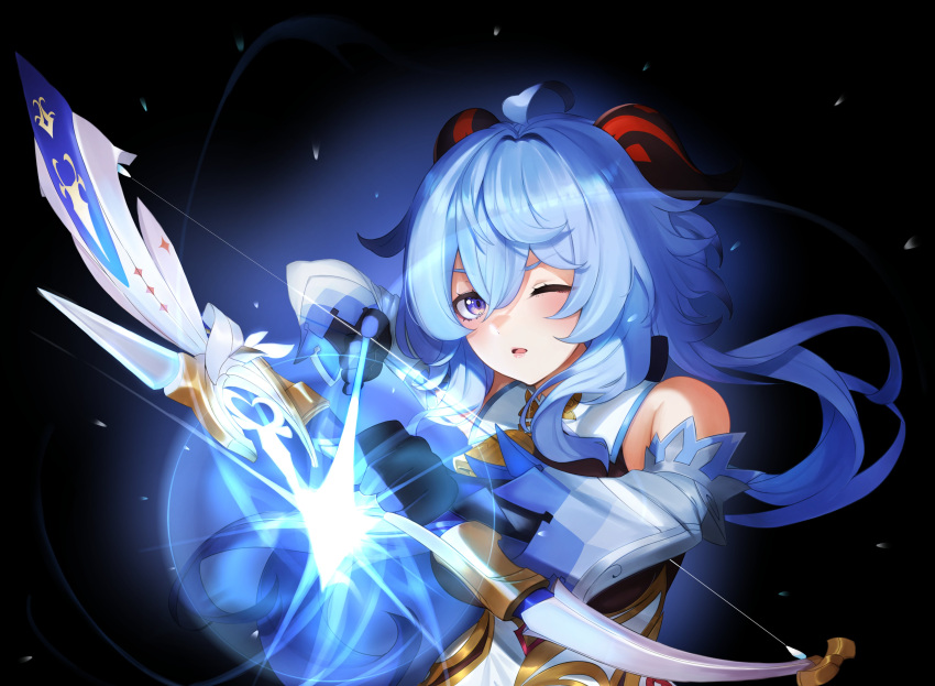 1girl absurdres ahoge amos'_bow_(genshin_impact) bangs bare_shoulders bell black_background black_gloves blue_hair bow_(weapon) detached_sleeves drawing_bow ganyu_(genshin_impact) genshin_impact gloves highres holding holding_bow_(weapon) holding_weapon horns long_hair looking_at_viewer low_ponytail neck_bell open_mouth ritence sidelocks solo upper_body violet_eyes weapon white_sleeves
