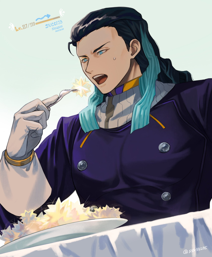 1boy background_text black_hair blue_eyes blue_hair bracelet commentary_request eating fate/grand_order fate_(series) fork gloves gradient gradient_background gradient_hair high_collar highres holding holding_fork jacket jewelry light_blue_background long_hair long_sleeves looking_away male_focus multicolored_hair muscular muscular_male nikola_tesla_(fate) open_mouth plate solo sosaka sweat teeth twitter_username two-tone_hair upper_body upper_teeth white_background white_gloves