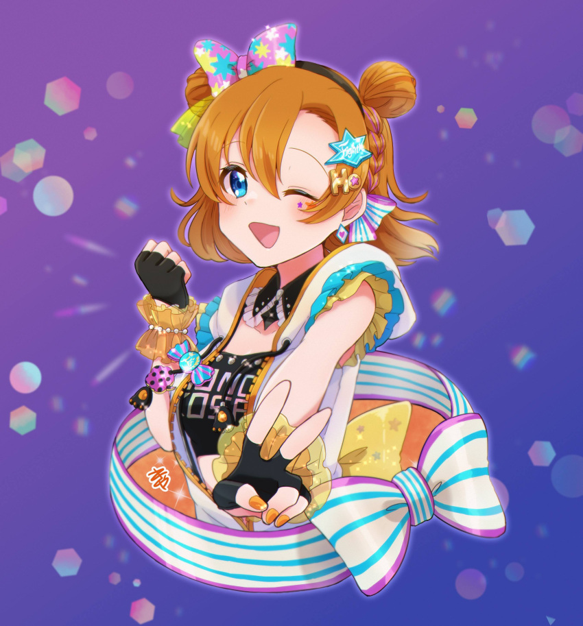 1girl absurdres bangs birthday black_gloves blue_eyes braid breasts commentary double_bun earrings facial_tattoo fingerless_gloves gloves hair_bun hair_ribbon highres jewelry kousaka_honoka kyaku_tatsu looking_at_viewer love_live! love_live!_school_idol_project medium_breasts one_eye_closed orange_hair purple_background ribbon side_braid signature smile solo star_tattoo tattoo upper_body v