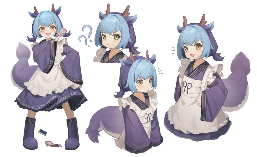1girl :d ? ?? absurdres animal_ears apron bangs blue_hair blush boots card closed_mouth commentary cropped_torso dragon_girl dragon_horns dragon_tail duel_monster eyelashes fang frilled_apron frills hand_up highres holding holding_card horns japanese_clothes kimono laundry_dragonmaid lmonster_guai long_sleeves looking_at_viewer low_twintails maid maid_apron multicolored_hair multiple_views notice_lines open_mouth purple_footwear purple_hair purple_kimono short_hair short_twintails sidelocks simple_background skin_fang smile tail twintails two-tone_hair upper_body v-shaped_eyebrows wa_maid white_apron white_background wide_sleeves yellow_eyes yu-gi-oh!