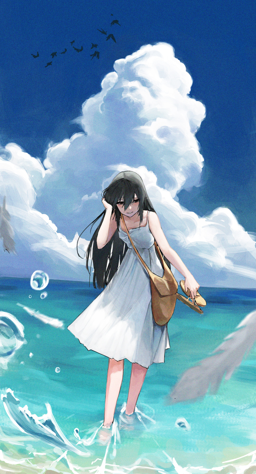 1girl absurdres animal bag bare_shoulders beach bird black_hair brown_bag brown_eyes brown_footwear clouds cloudy_sky collarbone cumulonimbus_cloud dress falling_feathers feathers film_grain flying hair_between_eyes highres holding holding_clothes holding_footwear hwan_(verypoor) long_hair looking_at_viewer ocean original outdoors painterly parted_lips sand sandals sky smile solo wading water white_dress