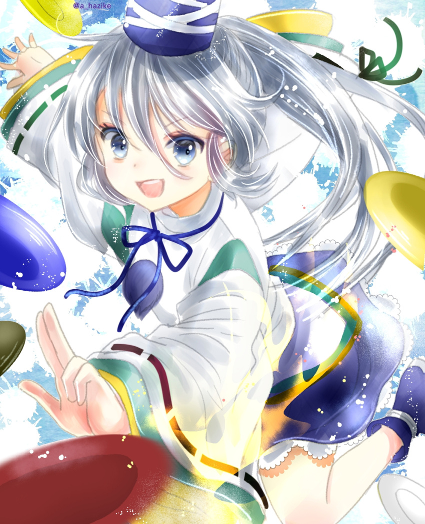1girl :d blue_footwear blue_headwear blue_ribbon blue_skirt frilled_skirt frills green_ribbon grey_eyes grey_hair hair_between_eyes hajike_akira hat highres japanese_clothes kariginu layered_clothes layered_sleeves long_hair looking_at_viewer mononobe_no_futo neck_ribbon one-hour_drawing_challenge plate pom_pom_(clothes) ponytail red_ribbon ribbon ribbon-trimmed_sleeves ribbon_trim skirt smile solo tate_eboshi touhou wide_sleeves