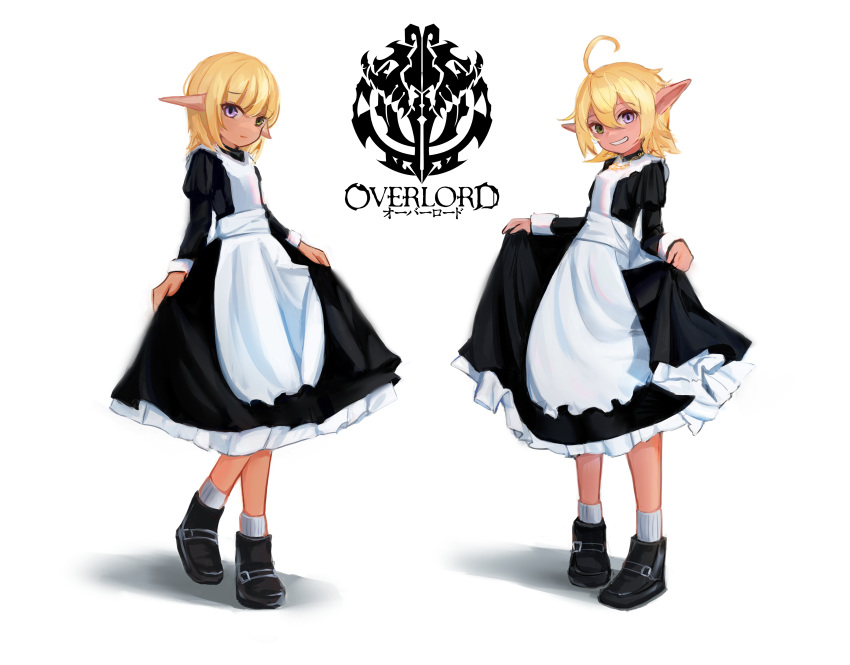1boy 1girl :d absurdres alternate_costume aura_bella_fiora bangs black_dress blonde_hair blue_eyes brother_and_sister closed_mouth dark-skinned_female dark_elf dark_skin dress elf full_body green_eyes grin hair_between_eyes heterochromia highres jewelry long_sleeves looking_at_viewer maid mare_bello_fiore matching_outfit minhongchen necklace otoko_no_ko overlord_(maruyama) pointy_ears shoes short_hair siblings skirt_hold smile socks standing twins white_background