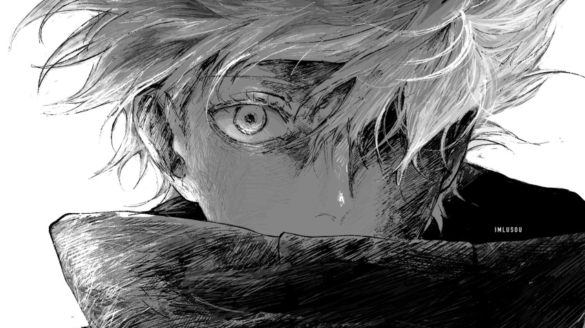 1boy covered_mouth gojou_satoru highres imlusou jujutsu_kaisen looking_at_viewer male_focus monochrome one_eye_covered signature solo white_background white_hair