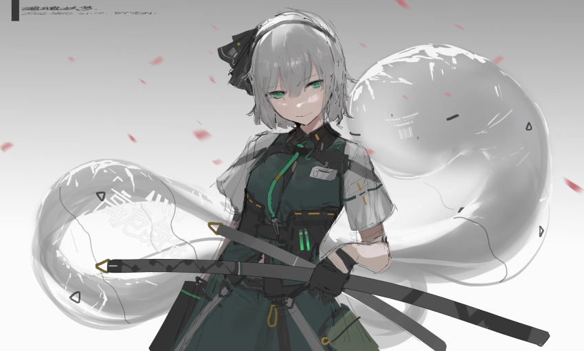 1girl artist_name black_gloves black_hairband cherry_blossoms chinese_commentary commentary_request cyberpunk dated dress falling_petals gloves green_dress green_eyes grey_background grey_hair hairband head_tilt highres katana konpaku_youmu konpaku_youmu_(ghost) narrowed_eyes nh3yean petals sheath sheathed shirt simple_background sketch solo standing sword touhou upper_body weapon white_shirt