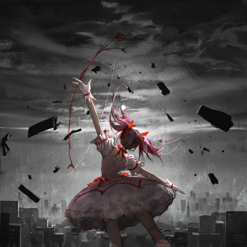 1girl bow bow_(weapon) bubble_skirt building chinese_commentary choker city cityscape commentary_request dress dress_bow facing_away feet_out_of_frame floating_hair frilled_skirt frilled_sleeves frills from_behind gloves grey_background grey_sky hair_bow highres holding holding_bow_(weapon) holding_weapon kaname_madoka magical_girl mahou_shoujo_madoka_magica monochrome_background outstretched_arms overcast pink_dress pink_hair pioneer07 puffy_short_sleeves puffy_sleeves red_bow red_choker short_hair short_sleeves short_twintails skirt solo twintails weapon white_gloves white_skirt