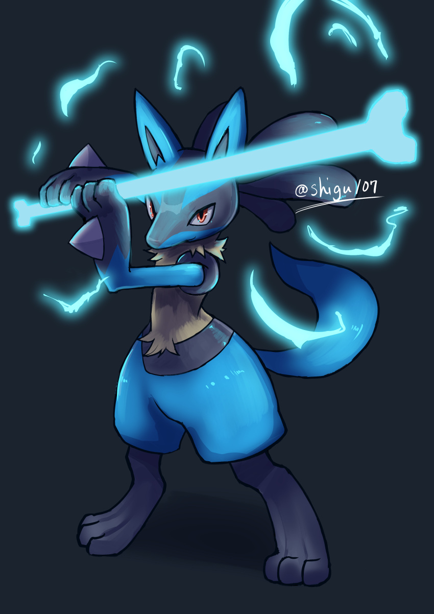 absurdres bone closed_mouth commentary_request energy full_body hands_up highres holding holding_bone lucario pokemon pokemon_(creature) red_eyes shigure_na_hito smile solo standing twitter_username
