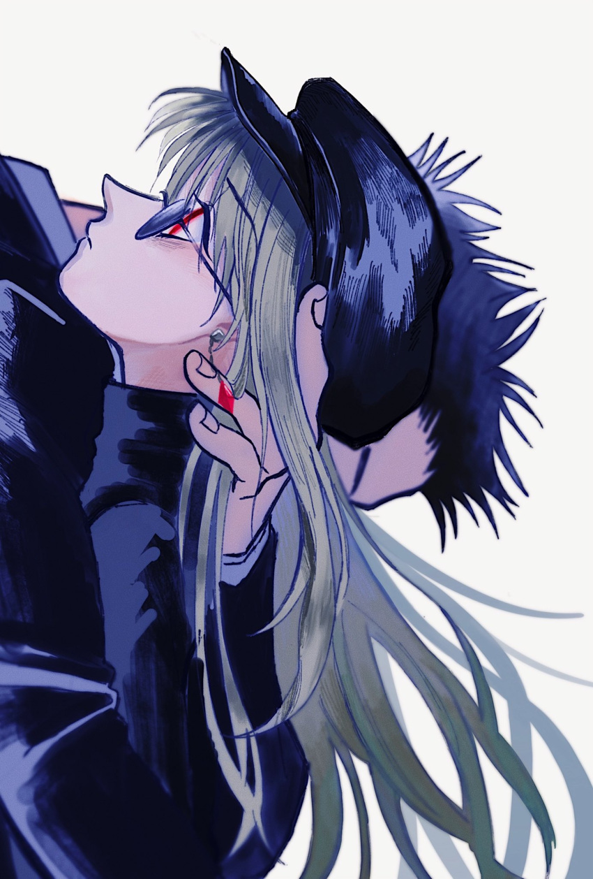 2boys androgynous araziru_nnn bangs black_hair black_headwear black_shirt blonde_hair blurry closed_mouth covered_face crystal depth_of_field earrings from_side gem hand_on_another's_head hand_up hat highres hug hunter_x_hunter jewelry kurapika leorio_paladiknight long_hair long_sleeves male_focus multiple_boys profile red_eyes red_gemstone shirt simple_background solo_focus spiky_hair sunglasses surprised upper_body white_background wig