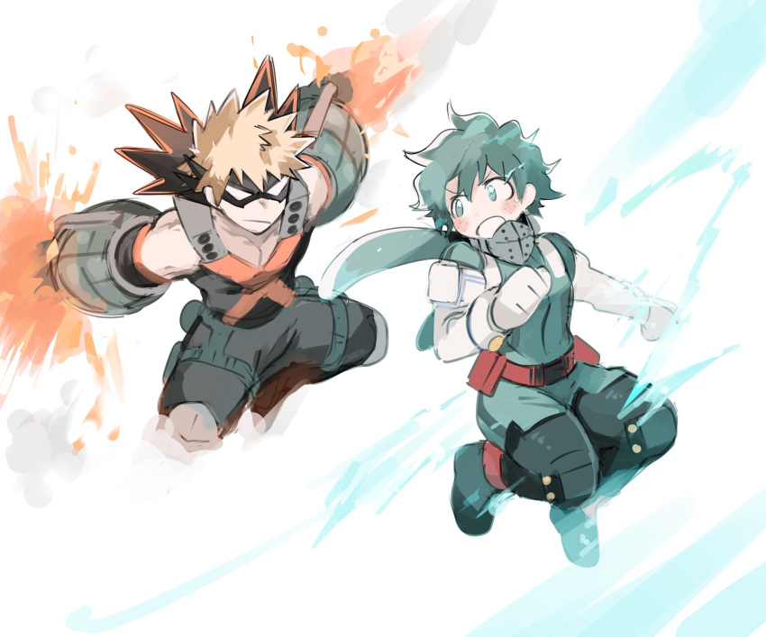 2boys bakugou_katsuki belt black_bodysuit black_footwear black_mask blank_eyes blonde_hair bodysuit boku_no_hero_academia boots closed_mouth explosion eye_mask freckles full_body full_cowling_(boku_no_hero_academia) gloves green_bodysuit green_eyes green_hair highres hood hood_down knee_pads looking_at_another male_focus midoriya_izuku multiple_boys nugunasutu open_mouth red_belt short_hair simple_background spiky_hair white_background white_gloves