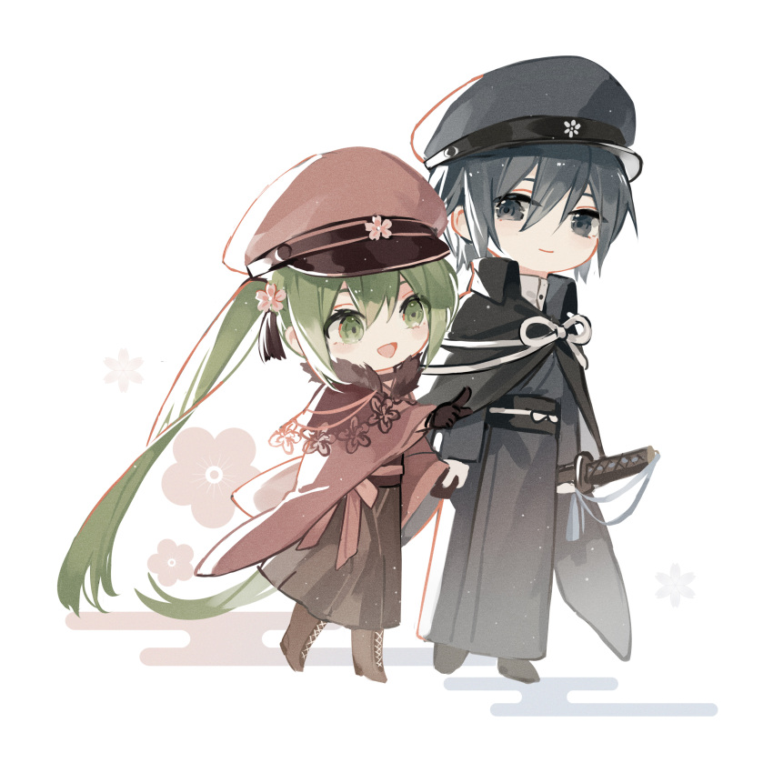 1boy 1girl :d absurdres bangs black_gloves black_hair black_headwear black_kimono boots brown_footwear brown_hakama brown_headwear brown_kimono chibi closed_mouth commentary_request cross-laced_footwear floral_background flower gloves green_eyes green_hair grey_eyes hair_between_eyes hair_flower hair_ornament hakama hakama_skirt hat hatsune_miku highres holding_hands japanese_clothes kaito_(vocaloid) katana kazenemuri kimono lace-up_boots long_hair long_sleeves obi peaked_cap pink_flower pointing rei_no_sakura_sousetsu_(module) sash sheath sheathed skirt smile sword twintails very_long_hair vocaloid weapon white_background wide_sleeves