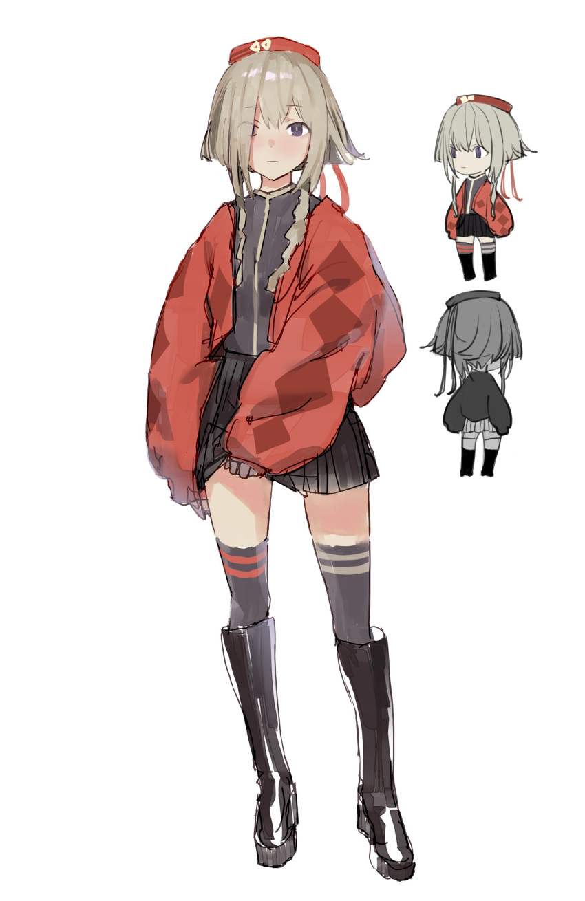 1girl absurdres bangs black_footwear black_skirt black_thighhighs blush boots chibi closed_mouth grey_hair hair_over_one_eye hat highres jacket knee_boots logknn long_sleeves looking_at_viewer multiple_views open_clothes open_jacket original pleated_skirt red_headwear red_jacket short_hair_with_long_locks simple_background skirt thigh-highs violet_eyes white_background