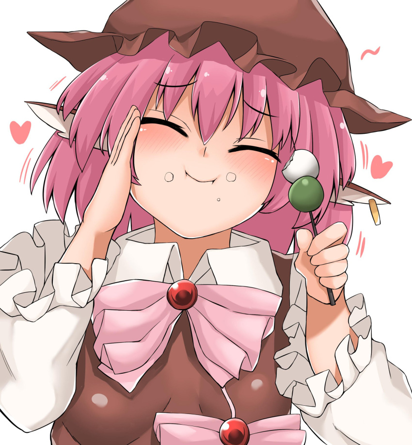 1girl animal_ears bird_ears blush brown_dress brown_headwear closed_eyes closed_mouth dango dress earrings eating food food_on_face frilled_sleeves frills hair_between_eyes hat heart highres holding holding_food jewelry long_sleeves motion_lines mystia_lorelei nasunasuurin pink_hair short_hair simple_background single_earring smile solo touhou upper_body wagashi white_background winged_hat