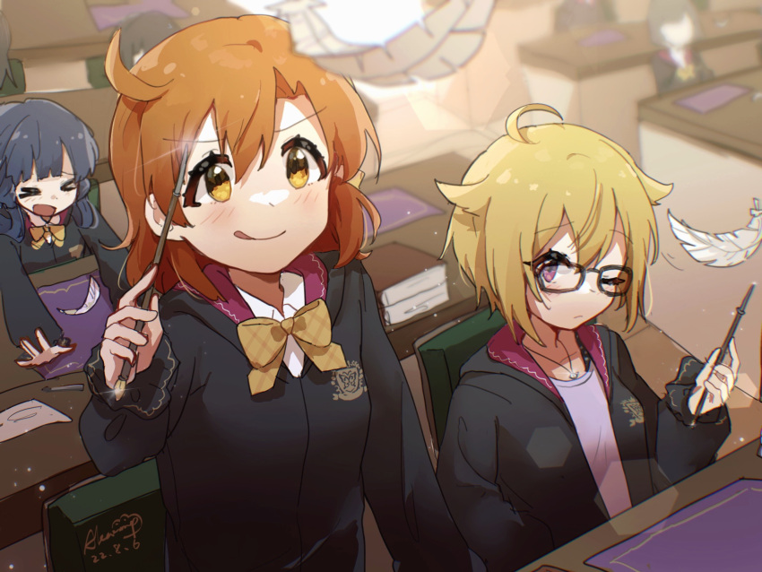 &gt;o&lt; :q bespectacled black-framed_eyewear black_robe blonde_hair blurry blurry_foreground blush dark_blue_hair depth_of_field extra feathers glasses highres ibuki_tsubasa idolmaster idolmaster_million_live! indoors kitakami_reika looking_at_another looking_up magic nnnn orange_hair robe school_uniform tongue tongue_out white_feathers witch yabuki_kana