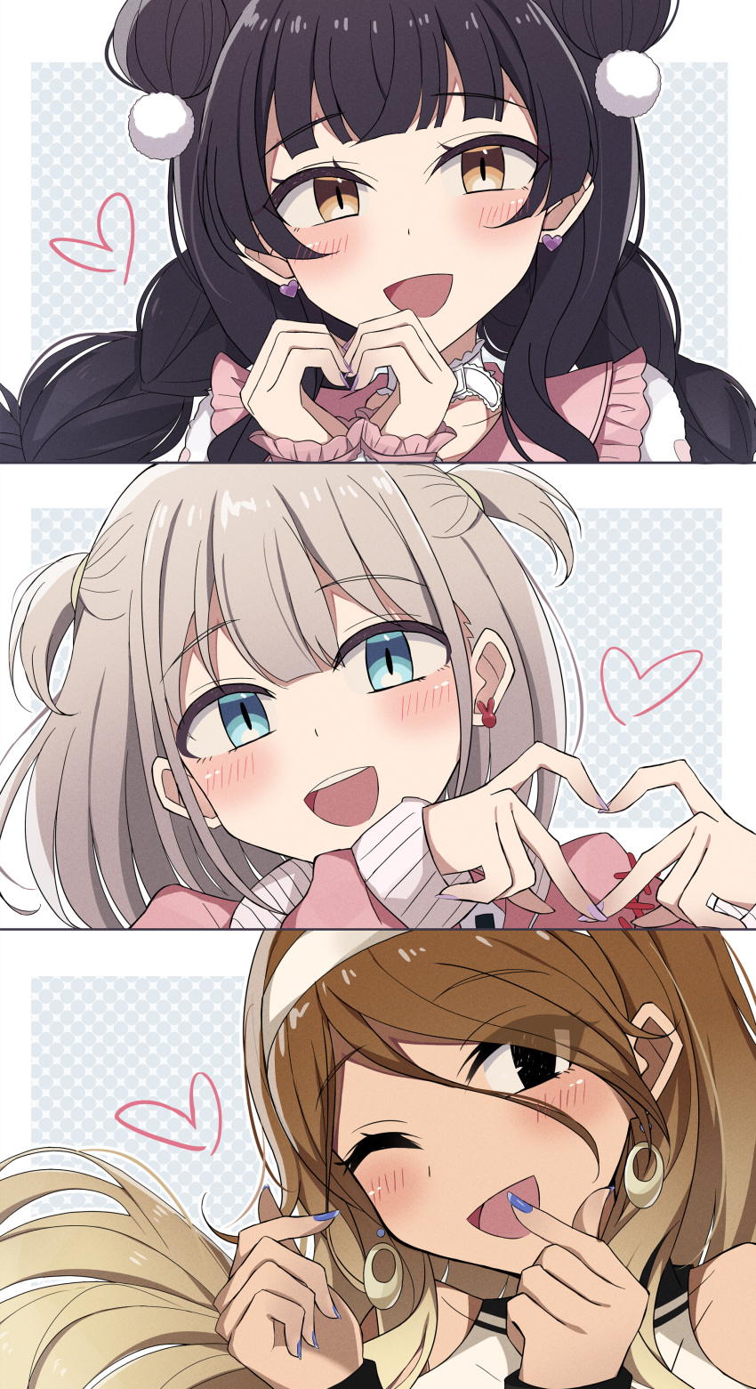 3girls ;d absurdres black_hair blush brown_hair bunny_earrings dark-skinned_female dark_skin double_finger_heart earrings finger_heart gradient_hair grey_hair hairband heart heart_earrings heart_hands highres idolmaster idolmaster_shiny_colors izumi_mei jewelry looking_at_viewer mayuzumi_fuyuko meiji_(meizi493) multicolored_hair multiple_girls nail_polish one_eye_closed patterned_background portrait serizawa_asahi smile straylight_(idolmaster) two_side_up white_hairband