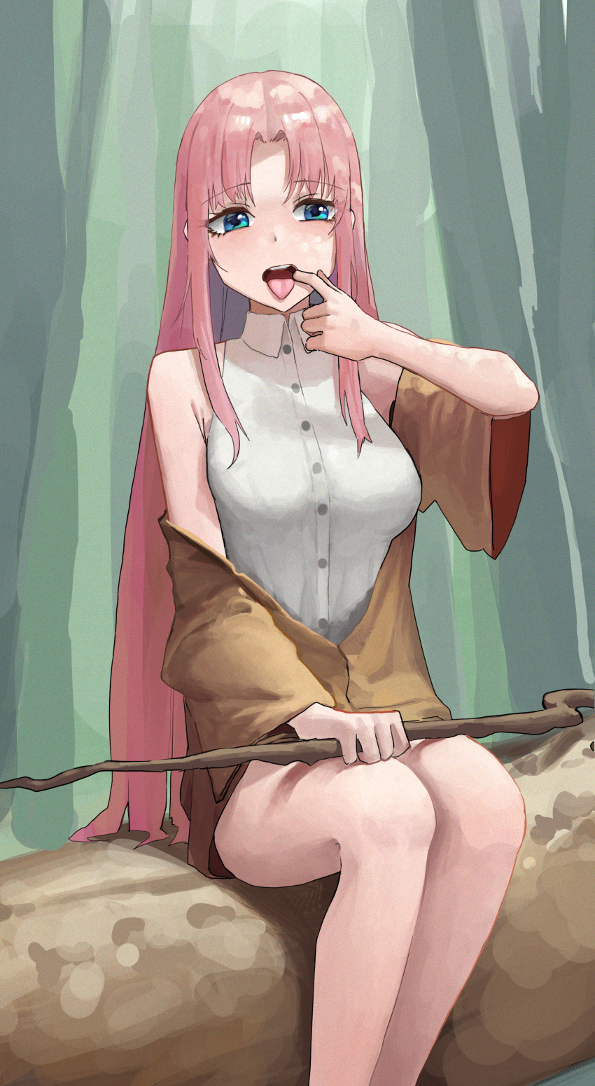 1girl absurdres bare_shoulders blue_eyes blush commission eyelashes forest highres holding holding_staff hwan_(verypoor) log long_eyelashes long_hair nature open_mouth original outdoors pink_hair sitting sitting_on_log solo staff teeth tongue tongue_out tree upper_teeth very_long_hair