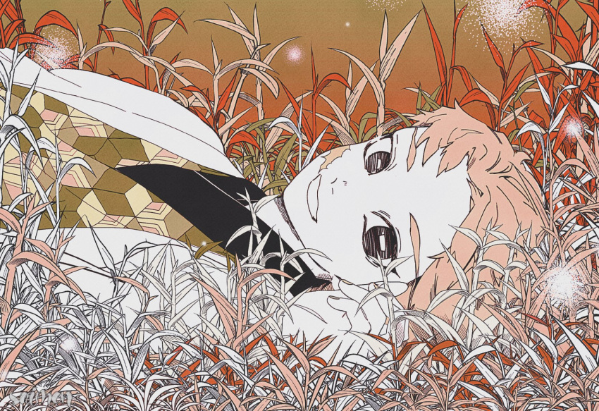 1boy artist_name bangs brown_background child gradient gradient_background grass hand_up haori highres hu_(saimens) japanese_clothes kimetsu_no_yaiba kimono light_particles limited_palette long_sleeves looking_at_viewer lying male_child male_focus on_back on_ground sabito_(kimetsu) scar scar_on_cheek scar_on_face sideways_glance smile solo upper_body