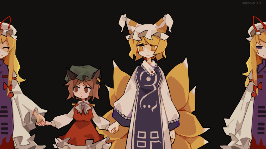 3girls :/ :| animal_ears arms_at_sides artist_name black_background blonde_hair blue_tabard bow bright_pupils brown_hair cat_ears chen chinese_commentary closed_mouth dated dress earrings fox_tail green_headwear hair_bow hat hat_ribbon highres holding_hands jewelry long_hair mob_cap multiple_girls necktie one_eye_closed pillow_hat purple_tabard red_bow red_dress red_ribbon ribbon shirt short_hair simple_background single_earring slit_pupils smile tabard tail touhou white_dress white_headwear white_necktie white_pupils white_shirt wide_sleeves yakumo_ran yakumo_yukari yellow_eyes zhepsikn