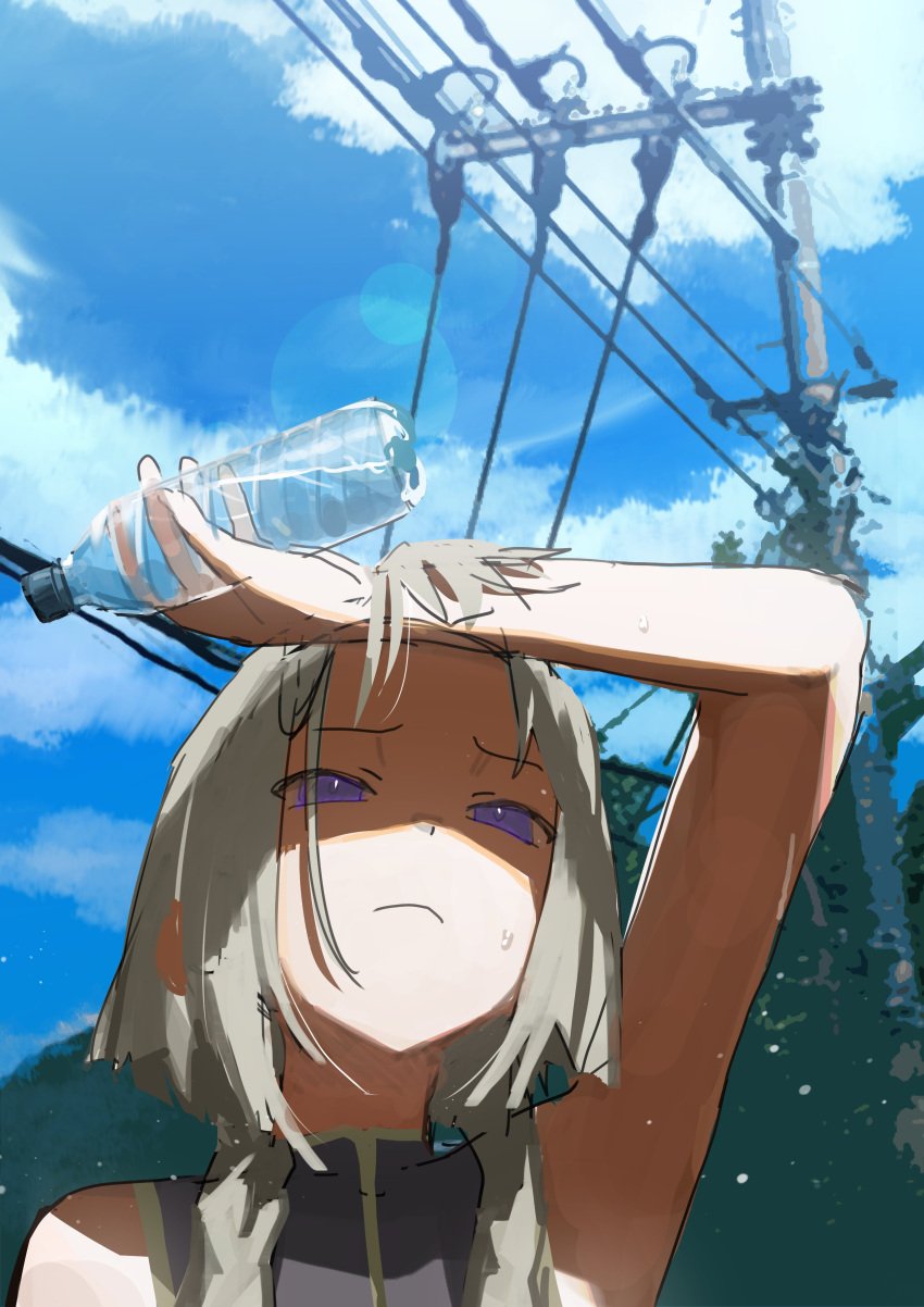 1girl absurdres arm_up bangs bottle closed_mouth clouds day grey_hair grey_shirt highres holding hot logknn original outdoors power_lines shaded_face shading_eyes shirt short_hair_with_long_locks sketch sky sleeveless sleeveless_shirt solo sweat upper_body utility_pole violet_eyes water_bottle