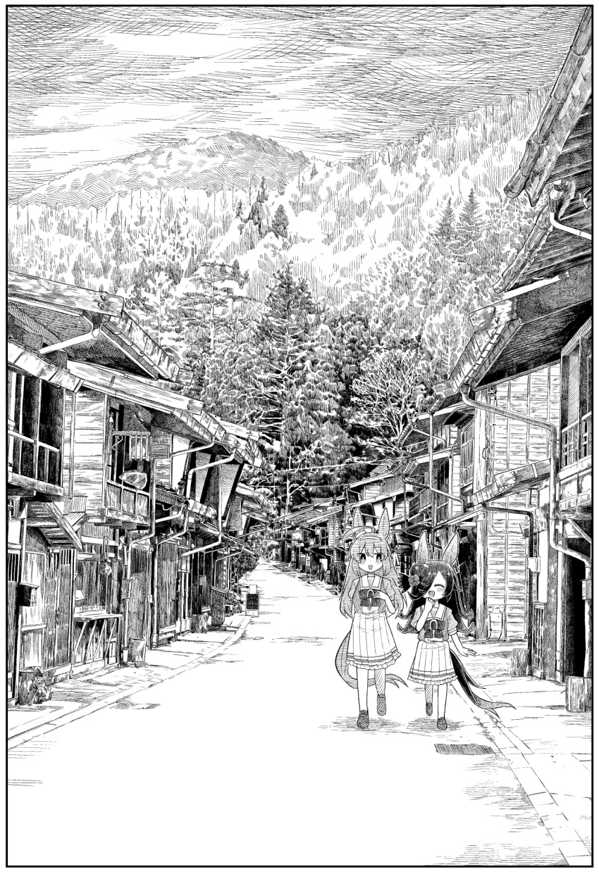 2girls ^_^ ahoge animal_ears border building closed_eyes greyscale highres horse_ears horse_girl horse_tail house ino_(tellu0120) long_hair looking_at_another mihono_bourbon_(umamusume) monochrome mountain multiple_girls open_mouth outdoors rice_shower_(umamusume) sailor_collar school_uniform shirt shoes short_sleeves skirt smile tail tracen_school_uniform tree umamusume walking