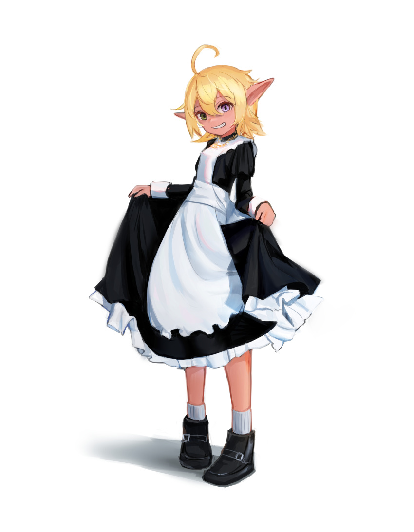 1girl absurdres aura_bella_fiora blonde_hair blue_eyes dark-skinned_female dark_elf dark_skin elf full_body green_eyes grin heterochromia highres jewelry looking_at_viewer maid minhongchen necklace overlord_(maruyama) pointy_ears shoes short_hair skirt_hold smile socks solo standing white_background