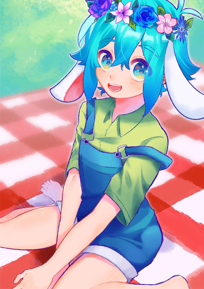 1boy absurdres animal_ears barefoot basil_(omori) blanket blue_overalls blush collared_shirt flower green_eyes green_hair green_shirt head_wreath highres looking_at_viewer omori open_mouth overall_shorts overalls rabbit_ears shirt short_hair short_sleeves sitting smile solo teeth tongue totemo_sindo wariza