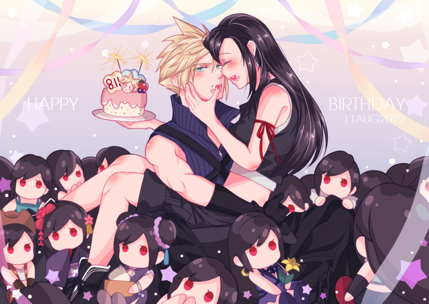 1boy 1girl apron arm_ribbon babigonice bare_shoulders black_hair black_shorts blonde_hair blue_eyes blush cake cloud_strife couple cowboy_hat crop_top dated doll earrings final_fantasy final_fantasy_vii final_fantasy_vii_advent_children final_fantasy_vii_remake flower food food_on_face gloves happy_birthday hat high_collar holding holding_plate hug jewelry long_hair open_mouth plate red_eyes ribbon shorts sitting sitting_on_lap sitting_on_person sleeveless spiky_hair starry_background tifa_lockhart tifa_lockhart's_exotic_dress tifa_lockhart's_refined_dress tifa_lockhart's_sporty_dress waist_apron