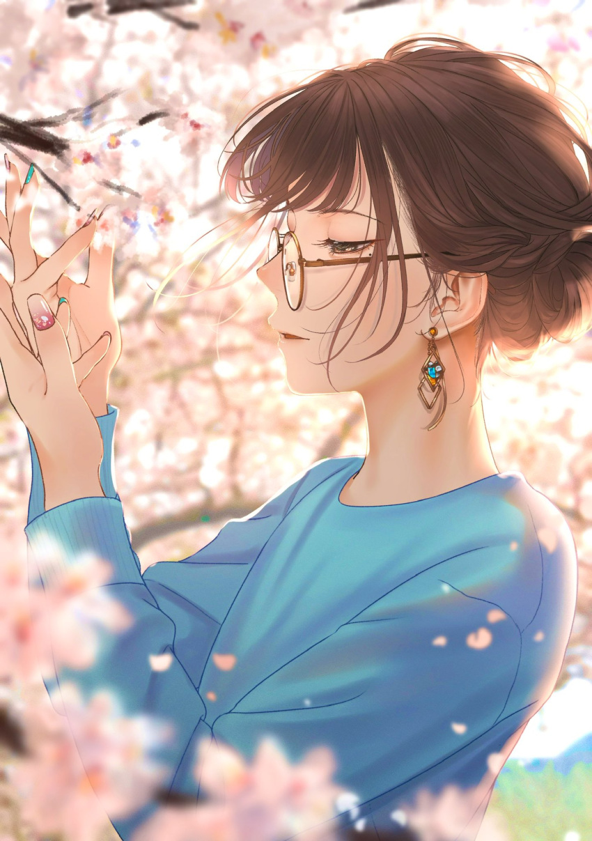 1girl bangs blue_shirt blurry blurry_background brown_eyes brown_hair cherry_blossoms earrings flower glasses hands_up highres jewelry long_sleeves nail_polish original outdoors parted_lips pink_flower round_eyewear saitou_(lynx-shrike) shirt short_hair smile solo tree