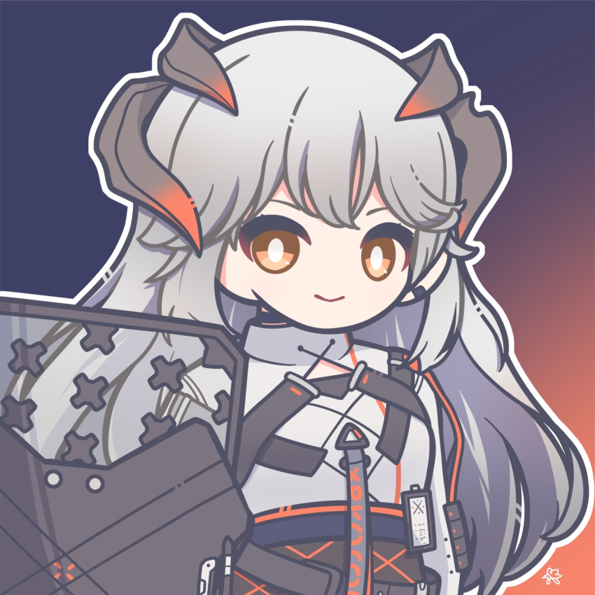 1girl arknights bangs dragon_horns grey_hair highres holding holding_shield horns id_card long_hair looking_at_viewer orange_eyes saria_(arknights) shield shirt simple_background smile solo strap user_zyeh2574 white_shirt