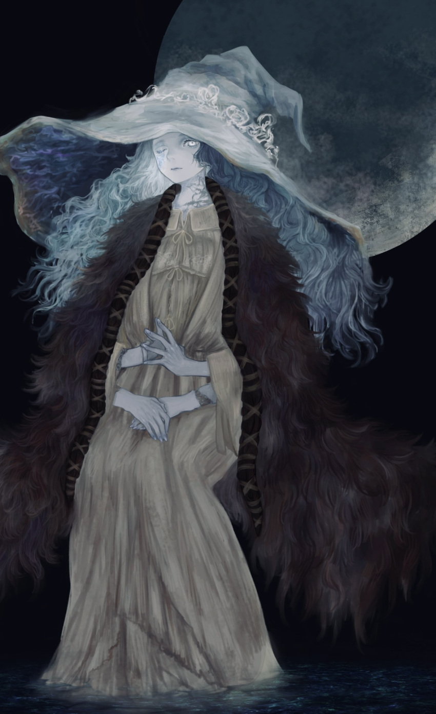 1girl black_background brown_dress cloak closed_mouth colored_skin cracked_skin dress elden_ring extra_arms full_body fur_cloak grey_eyes grey_hair hat highres long_hair looking_at_viewer moon one_eye_closed own_hands_together ranni_the_witch shirone_(coxo_ii) solo witch_hat