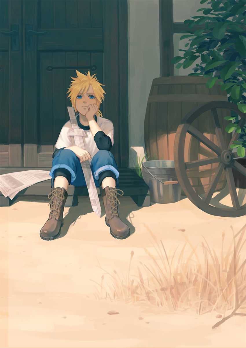 1boy black_shirt blue_eyes blue_shorts boots brown_footwear bucket cloud_strife door final_fantasy final_fantasy_vii final_fantasy_vii_remake full_body grass hand_to_own_mouth highres ho_fan house layered_shirt looking_up low_ponytail male_child male_focus newspaper outdoors shirt short_hair_with_long_locks shorts sitting solo spiky_hair wheel white_shirt younger