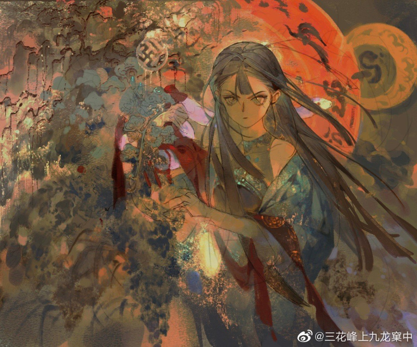 1girl blue_dress brown_hair circle closed_mouth dress flower long_hair long_sleeves looking_at_viewer multicolored_background original red_scarf san_hua_feng_shang_jiulong_ke_zhong scarf serious sketch snake solo