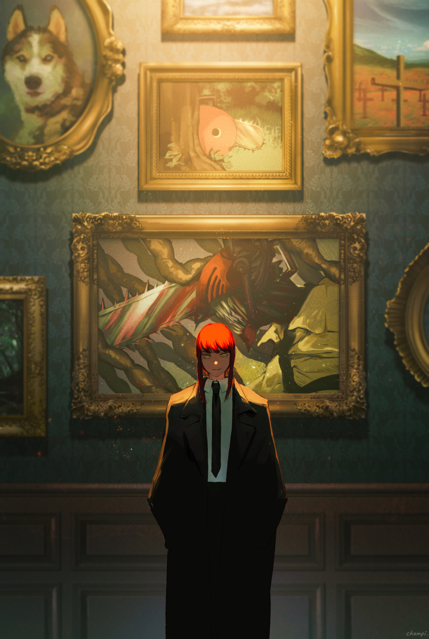 1girl absurdres art_gallery artist_name bangs black_coat black_necktie black_suit chainsaw_devil chainsaw_man champi character_print coat collared_shirt dog feet_out_of_frame formal hands_in_pockets highres husky indoors looking_at_viewer makima_(chainsaw_man) medium_hair necktie painting_(object) picture_frame pochita_(chainsaw_man) redhead ringed_eyes shirt signature smile solo standing straight-on suit wall white_shirt yellow_eyes
