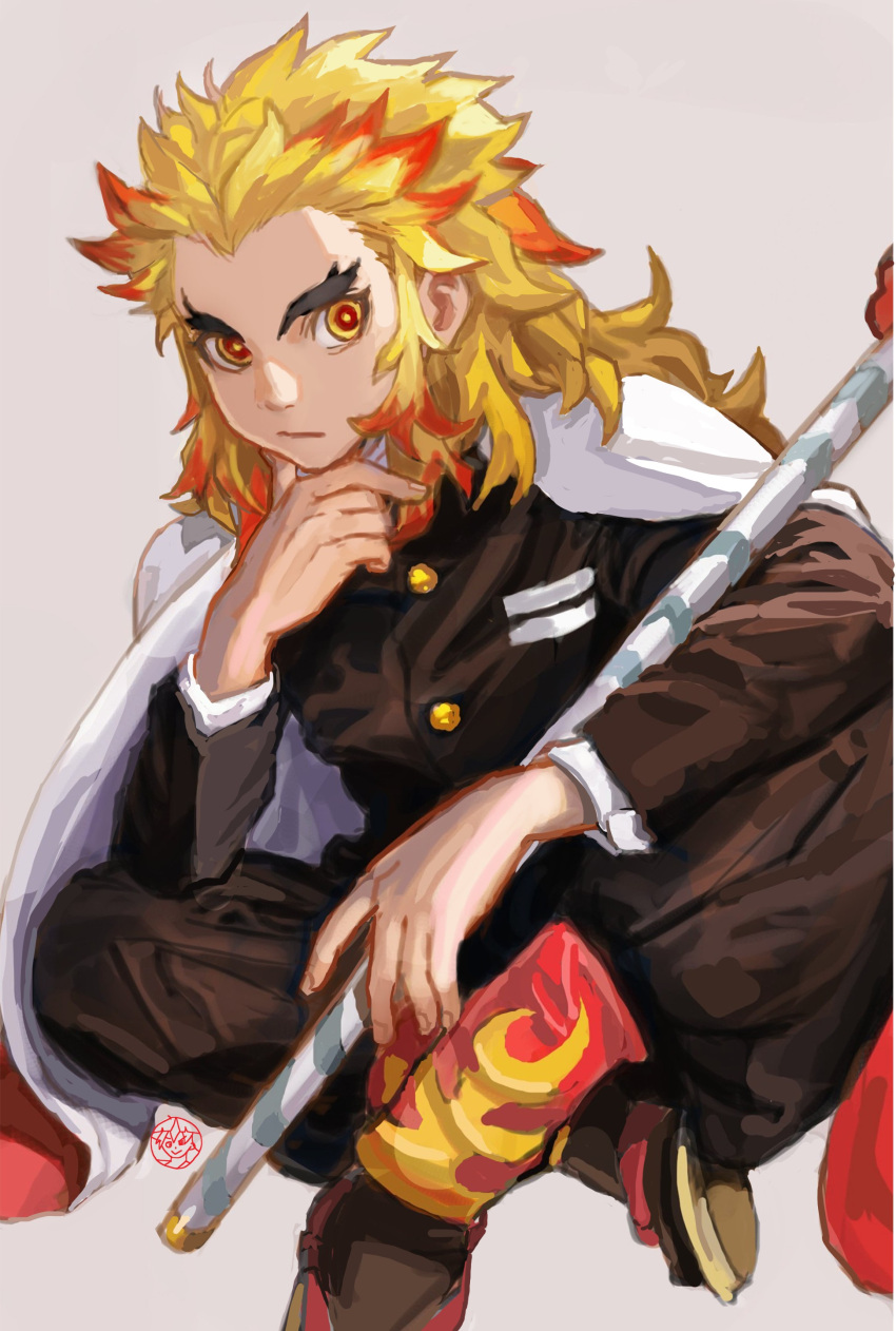 1boy absurdres blonde_hair breasts brown_background closed_mouth flame_print hair_slicked_back head_rest highres katana kimetsu_no_yaiba long_hair male_focus multicolored_eyes multicolored_hair orange_eyes orange_pupils red_eyes redhead rengoku_kyoujurou scabbard sheath sheathed shiren_(ourboy83) signature simple_background sitting solo sword uniform weapon