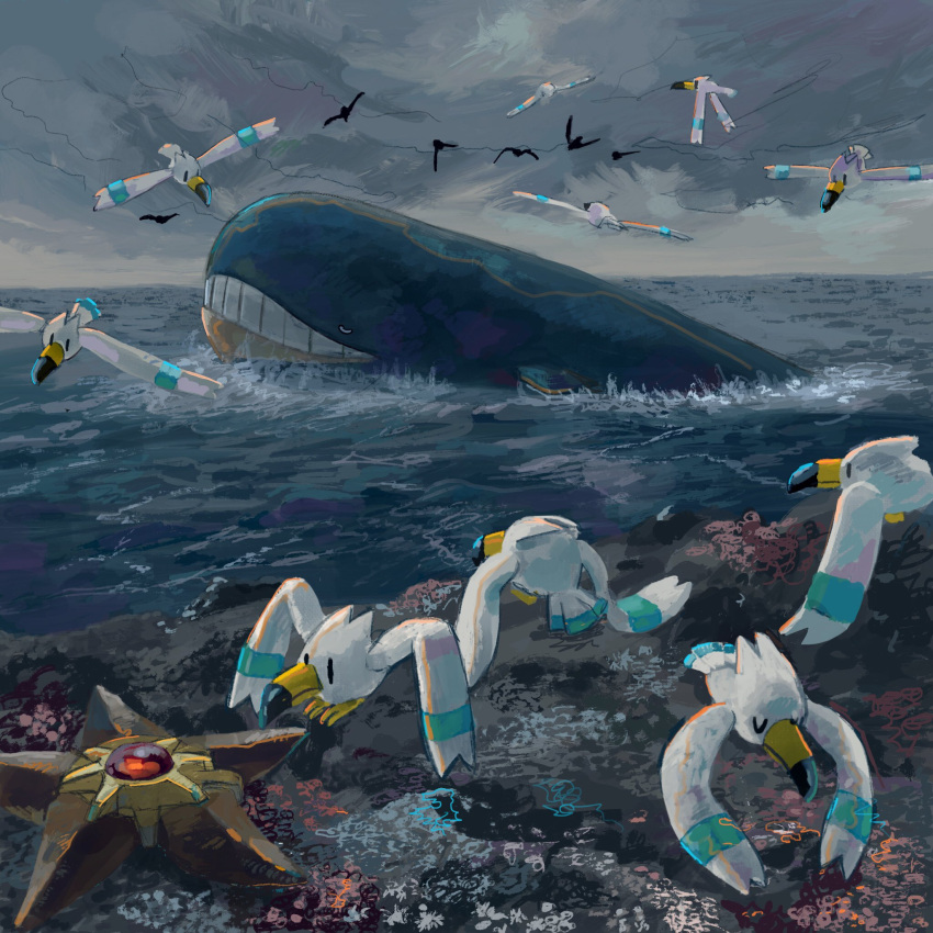 barnacle bird closed_eyes clouds cloudy_sky commentary_request day flying highres no_humans ocean outdoors pokemon pokemon_(creature) sakusakufugashi sky staryu teeth wailord wingull