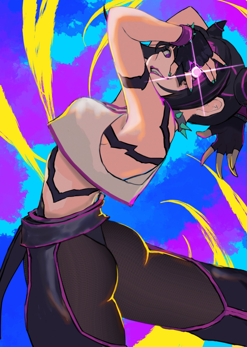 1girl ass bangs black_hair breasts capcom fingerless_gloves gloves hair_horns halter_top halterneck han_juri highres jewelry large_breasts looking_at_viewer nail_polish navel open_mouth pants short_hair smile solo street_fighter street_fighter_6 street_fighter_iv_(series) violet_eyes yuu_(primenumber7)