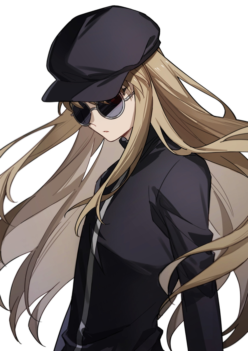 1boy absurdres androgynous bamu_(bamu0504) bangs black_headwear black_shirt brown_hair commentary floating_hair hat highres hunter_x_hunter kurapika light_brown_hair long_sleeves looking_afar male_focus official_alternate_costume one_eye_covered red_eyes shirt simple_background solo sunglasses upper_body white_background wig