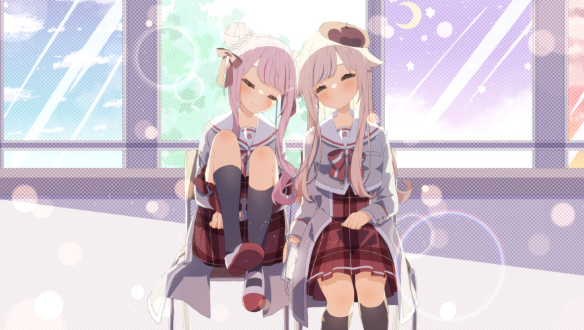 2girls alternate_costume bangs beret black_socks blonde_hair blue_hair blush bow bowtie braid braided_bun breasts cellphone chair classroom closed_eyes closed_mouth commentary_request day double_bun earphones earphones facing_viewer hair_bun hair_flaps hair_ribbon hat head_tilt heads_together highres himehina_channel holding holding_phone indoors kneehighs knees_up kotori_inaka lens_flare light_particles listening_to_music long_hair long_sleeves mary_janes multicolored_hair multiple_girls parted_lips phone pink_hair plaid plaid_skirt pleated_skirt red_bow red_headwear red_ribbon red_skirt ribbon sailor_collar school_uniform shoes sidelocks sitting skirt sky smartphone smile socks streaked_hair suzuki_hina tanaka_hime teeth two-tone_bowtie two-tone_hair virtual_youtuber white_bow window