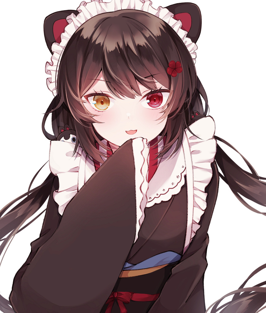 1girl :d animal_ears bangs black_kimono brown_hair cat_ears floating_hair flower hair_flower hair_ornament heterochromia highres inui_toko japanese_clothes kimono long_hair long_sleeves looking_at_viewer maid_headdress nijisanji obi open_mouth red_eyes red_flower sash shiny shiny_hair simple_background sleeves_past_fingers sleeves_past_wrists smile solo twintails upper_body very_long_hair virtual_youtuber white_background wide_sleeves yellow_eyes yua_(bokubo0806)