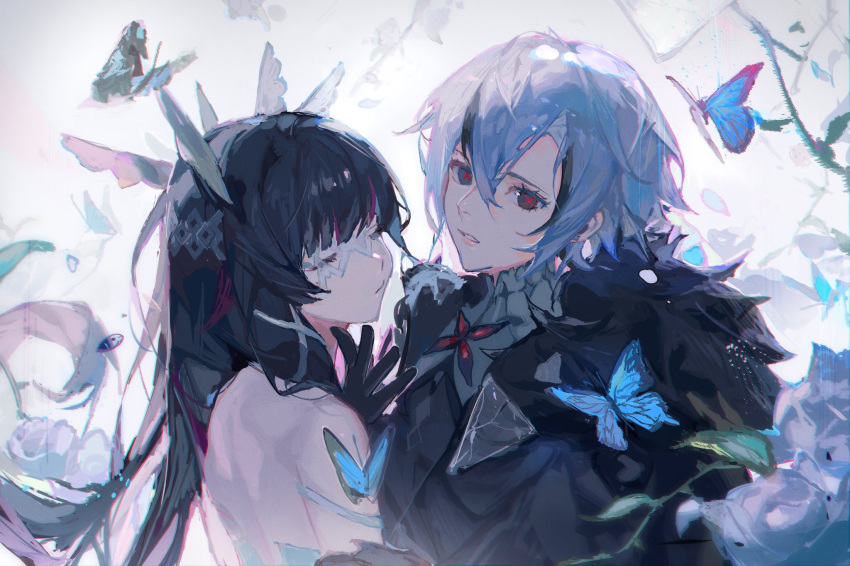 1boy 1girl backless_dress backless_outfit bangs black_coat black_hair black_shirt blue_butterfly blue_flower blue_hair blurry blurry_background bug butterfly character_request closed_eyes coat collar cross cross-eyed detached_sleeves dress english_commentary expressionless floating_hair flower fog fur_coat genshin_impact grey_collar grey_eyes hairband hand_on_another's_chin hand_on_another's_shoulder highres long_hair looking_at_viewer mistedsky parted_lips red_cross shiny shiny_hair shirt white_background white_hairband white_wings wing_hair_ornament wings
