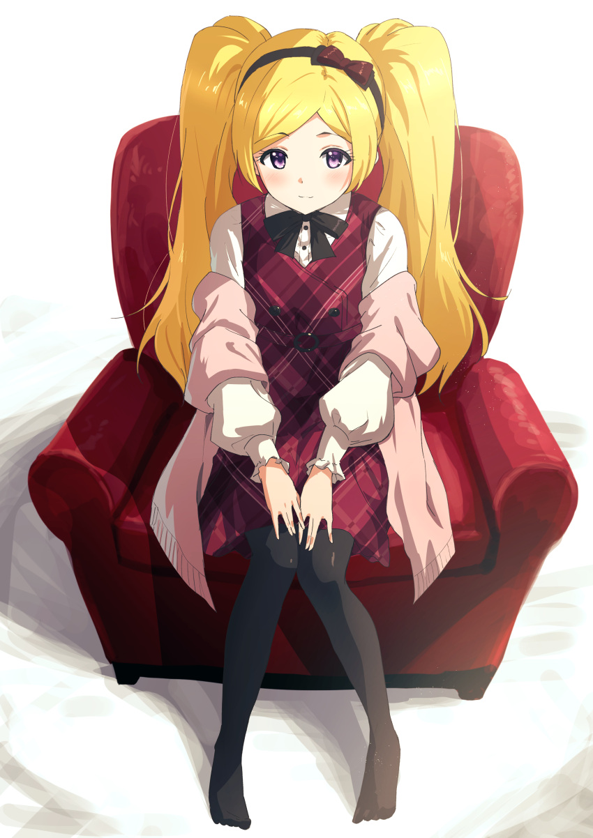 1girl absurdres black_pantyhose blonde_hair blush commission dress emily_stewart hands_on_own_thighs highres idolmaster idolmaster_million_live! long_sleeves looking_at_viewer misaki_nonaka neck_ribbon no_shoes pantyhose puffy_long_sleeves puffy_sleeves red_dress ribbon shawl shirt simple_background sitting skeb_commission smile solo twintails violet_eyes white_background white_shirt