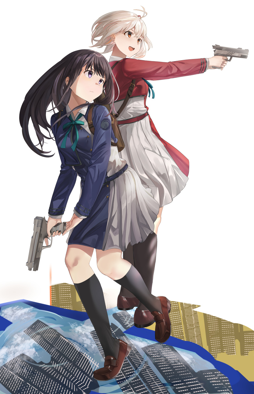 2girls :d absurdres bangs black_hair black_socks blonde_hair blue_dress brown_eyes brown_footwear closed_mouth commentary_request dress grey_dress gun handgun highres holding holding_gun holding_weapon inoue_takina loafers long_hair lycoris_recoil mosta_(lo1777789) multiple_girls nishikigi_chisato outstretched_arms pleated_dress red_dress shoes smile socks standing standing_on_one_leg violet_eyes weapon weapon_request white_background