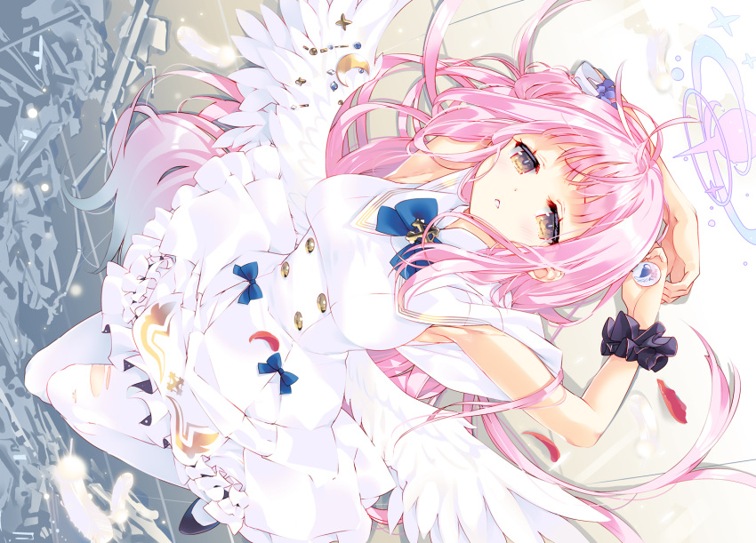 1girl angel_wings arikawa_satoru armpits badge bangs black_footwear black_scrunchie blue_archive blue_bow blue_ribbon bow button_badge capelet dress feathered_wings frilled_dress frills gradient hair_bun halo highres long_hair low_wings lying mika_(blue_archive) on_back on_floor parted_lips pink_hair ribbon scrunchie single_hair_bun single_side_bun sleeveless sleeveless_dress solo thigh-highs torn_clothes torn_legwear very_long_hair white_capelet white_dress white_wings wings wrist_scrunchie yellow_eyes