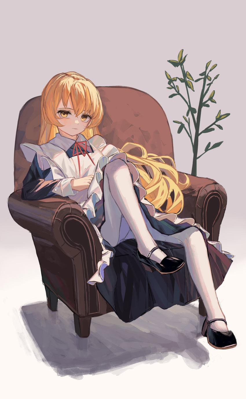 1girl absurdres apron armchair bangs black_footwear blonde_hair blush chair closed_mouth clynxen commentary english_commentary full_body grey_background highres kirisame_marisa long_hair long_sleeves looking_at_viewer maid_apron mary_janes no_headwear pantyhose plant red_ribbon red_shirt ribbon shirt shoes simple_background sitting solo touhou white_pantyhose yellow_eyes