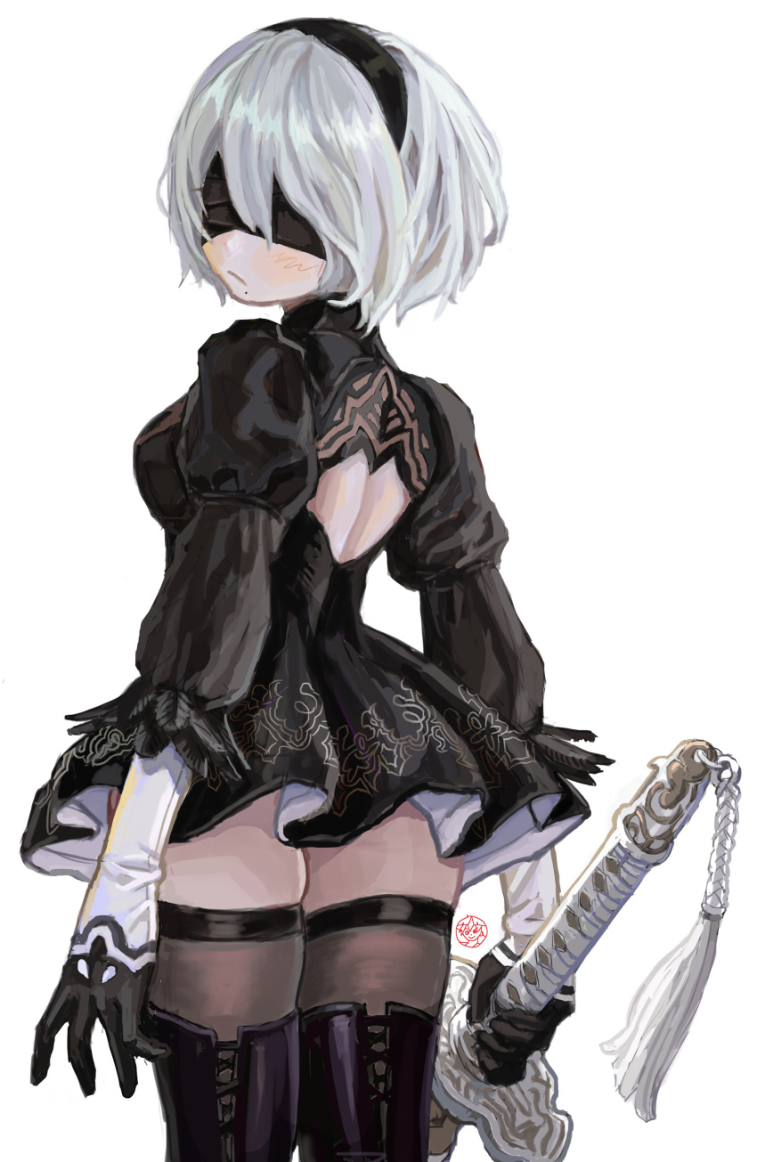 1girl absurdres back_cutout black_blindfold black_footwear black_gloves black_hairband blindfold blush brown_thighhighs closed_mouth clothing_cutout feather-trimmed_sleeves feather_trim gloves grey_hair hairband highres holding holding_sword holding_weapon katana legs legs_together looking_back mole mole_under_mouth nier_(series) nier_automata puffy_short_sleeves puffy_sleeves shiren_(ourboy83) short_sleeves signature simple_background skindentation solo sword tassel thigh-highs thighs turtleneck weapon white_background yorha_no._2_type_b