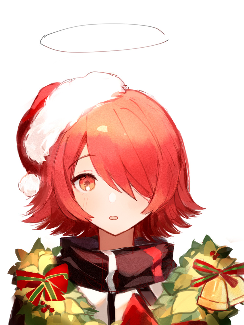 1girl arknights blush christmas_wreath crisa940 exusiai_(arknights) fur-trimmed_headwear hair_over_one_eye halo hat highres jacket looking_at_viewer one_eye_covered parted_lips pom_pom_(clothes) portrait red_eyes red_headwear redhead santa_hat short_hair simple_background solo straight-on white_background white_jacket