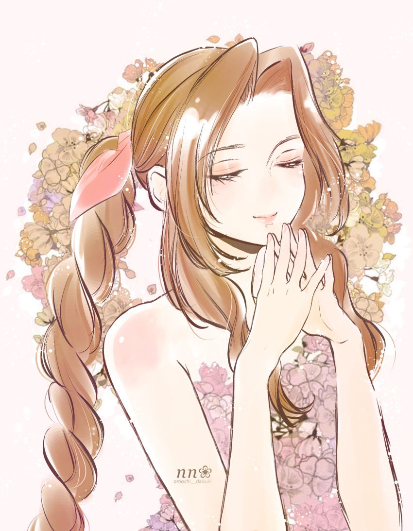 1girl aerith_gainsborough bangs bare_arms braid braided_ponytail brown_hair closed_eyes final_fantasy final_fantasy_vii final_fantasy_vii_remake floral_background floral_dress flower hair_ribbon highres long_hair omochi_daisuki own_hands_together parted_bangs pink_flower pink_ribbon ribbon sidelocks smile solo upper_body wavy_hair