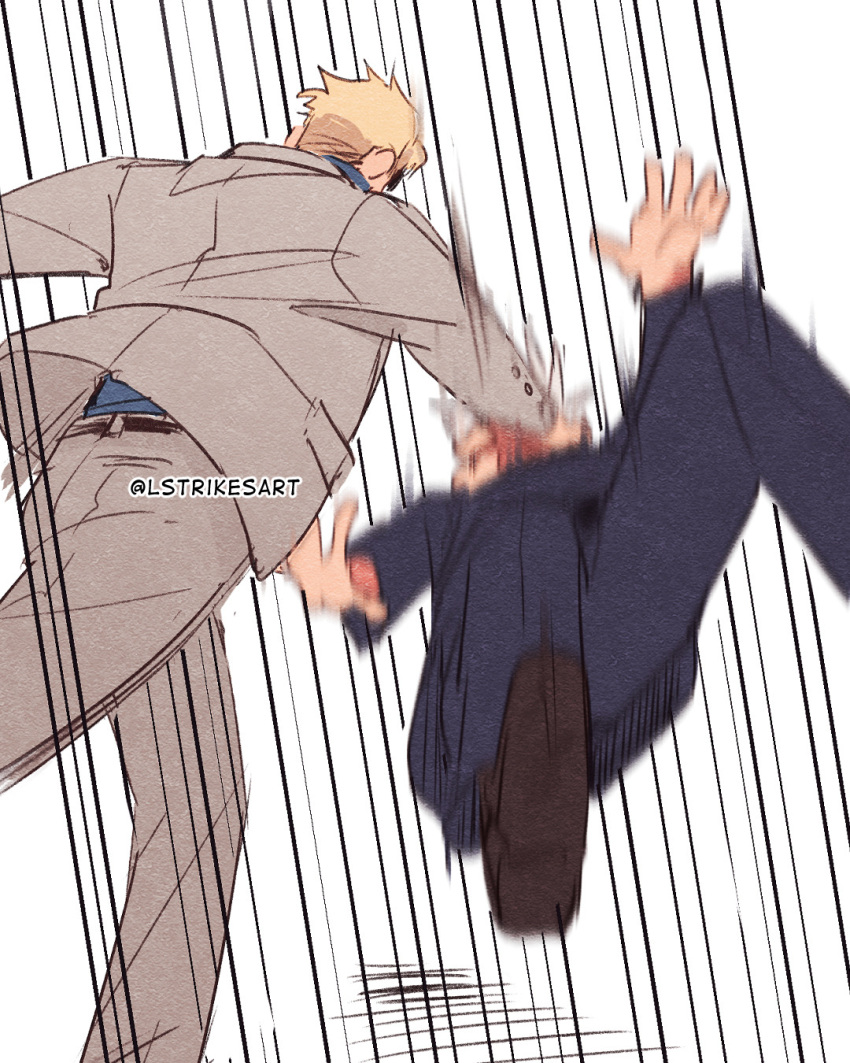 2boys black_footwear black_pants black_shirt blonde_hair falling formal from_behind gojou_satoru grey_jacket grey_pants highres jacket jujutsu_kaisen lightningstrikes long_sleeves male_focus meme motion_blur multiple_boys nanami_kento pants punching shirt shoes short_hair simple_background standing suit twitter_username white_background